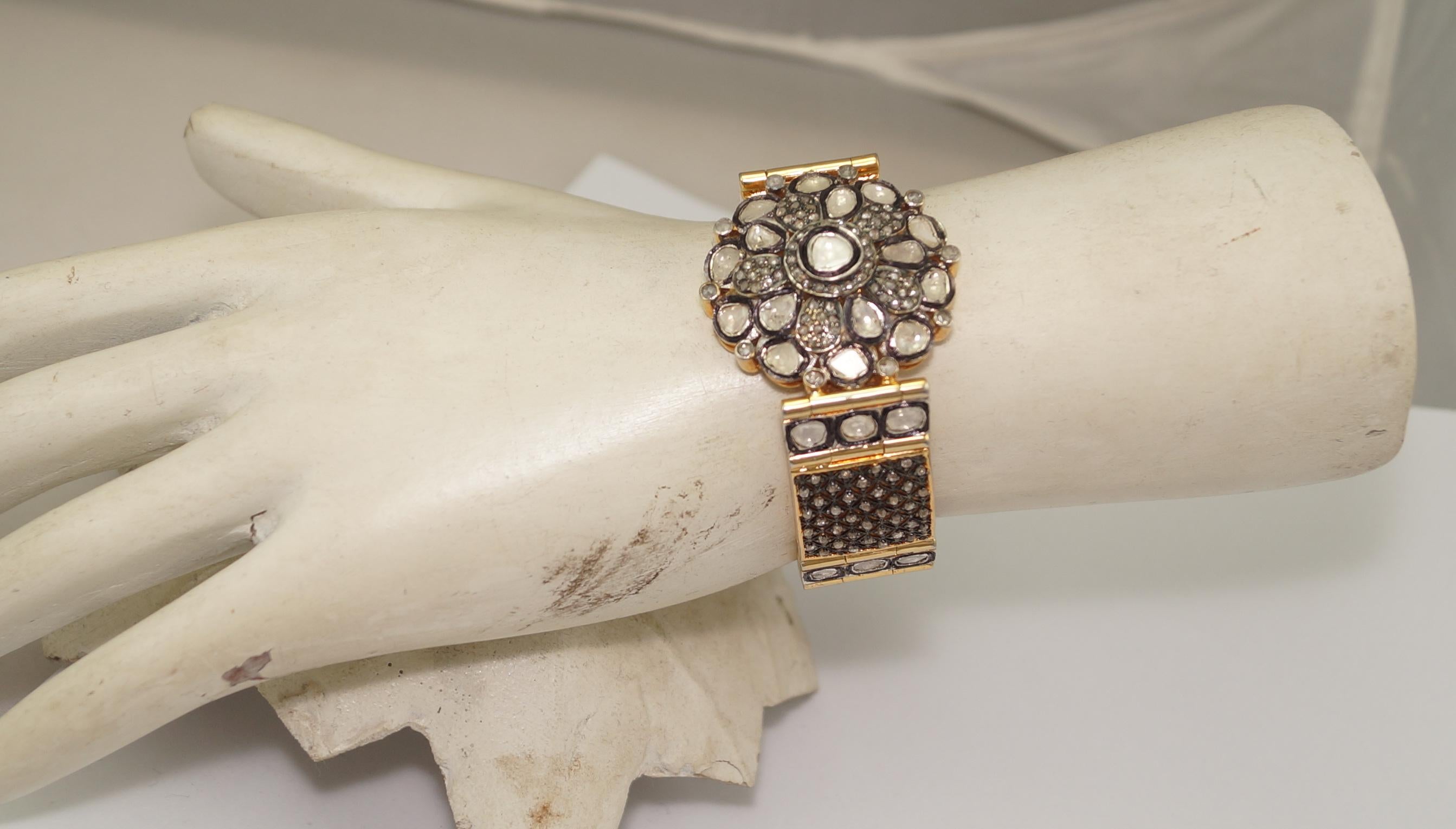 Natürliche ungeschliffene Diamanten mit Rosenschliff Sterlingsilber breites Armband Diamantarmband  im Angebot 1