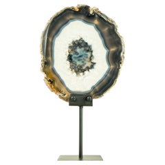 Natürlicher unbefärbter blauer Spitzenadelschnitt aus Achat mit Kristall-, Blau- und Bronzebändern 