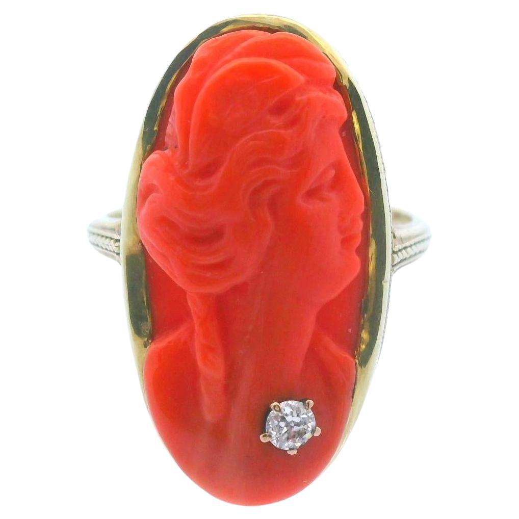 Natural Undyed Coral Cameo 1915 Art Deco 16 Karat Ring