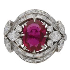 Natural Unenhanced Burmese Ruby and Diamond Cluster Ring