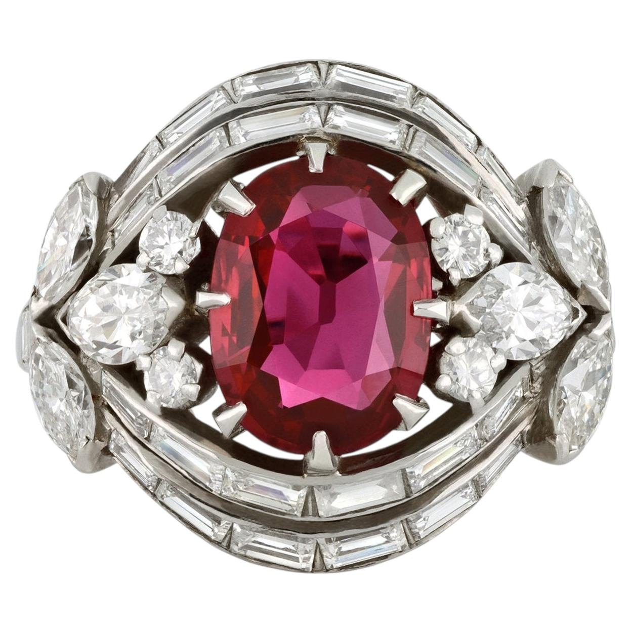 Natural Unenhanced Burmese Ruby and Diamond Cluster Ring