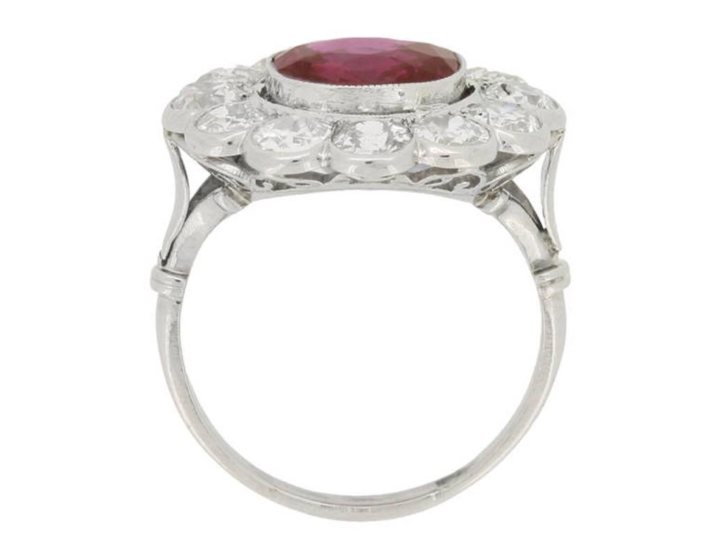Edwardian Natural unenhanced Burmese Ruby Diamond Platinum Cluster Ring For Sale