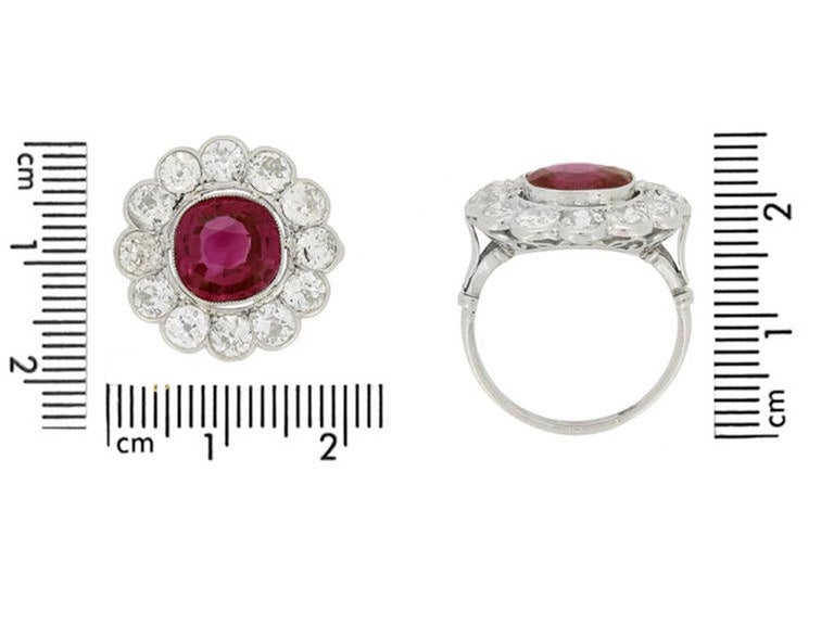 Old European Cut Natural unenhanced Burmese Ruby Diamond Platinum Cluster Ring For Sale
