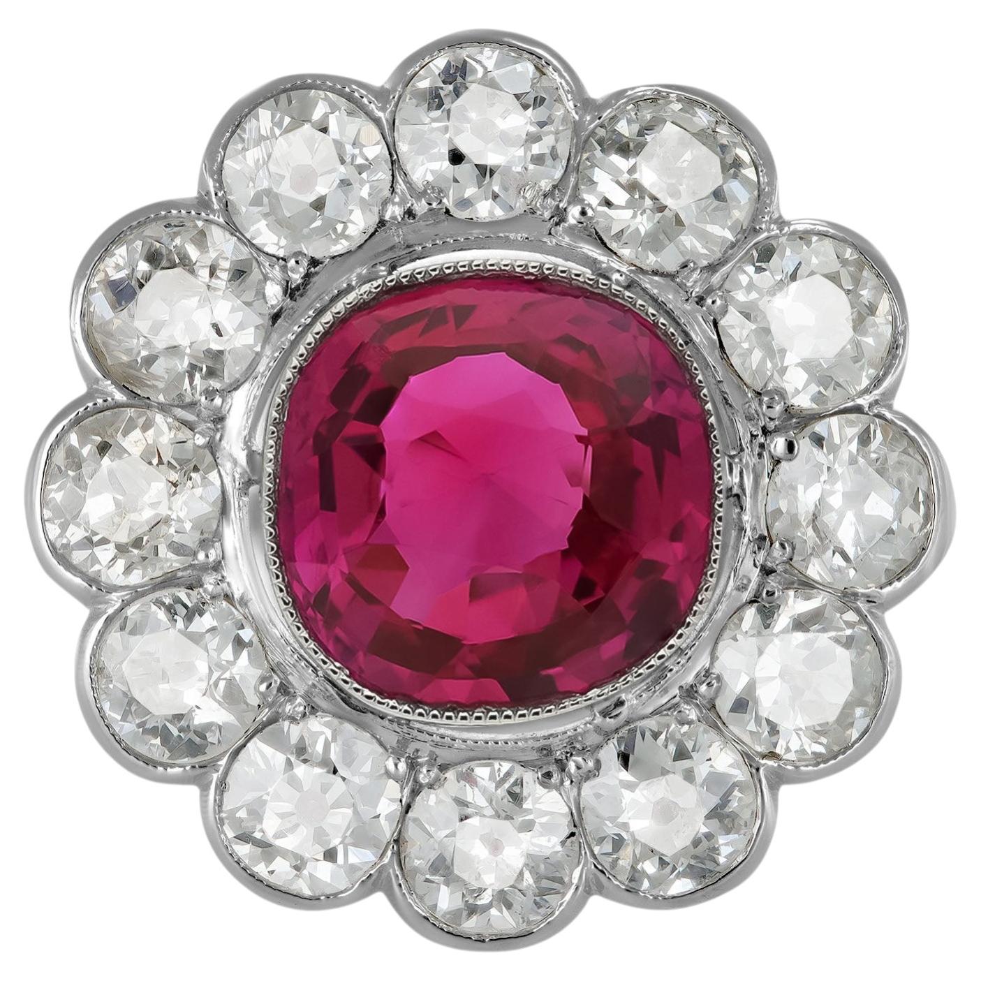 Natural unenhanced Burmese Ruby Diamond Platinum Cluster Ring