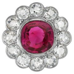 Natural unenhanced Burmese Ruby Diamond Platinum Cluster Ring
