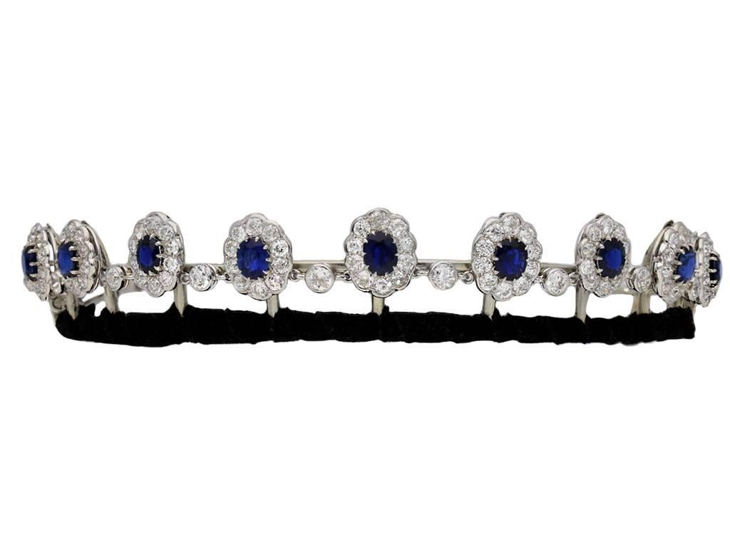 Burmese sapphire and diamond necklace/tiara. Set to the centre with twenty two cushion shape old cut natural unenhanced Burmese sapphires in open back claw settings, ranging from smallest with a weight of 0.98 carats to largest with a weight of 1.87