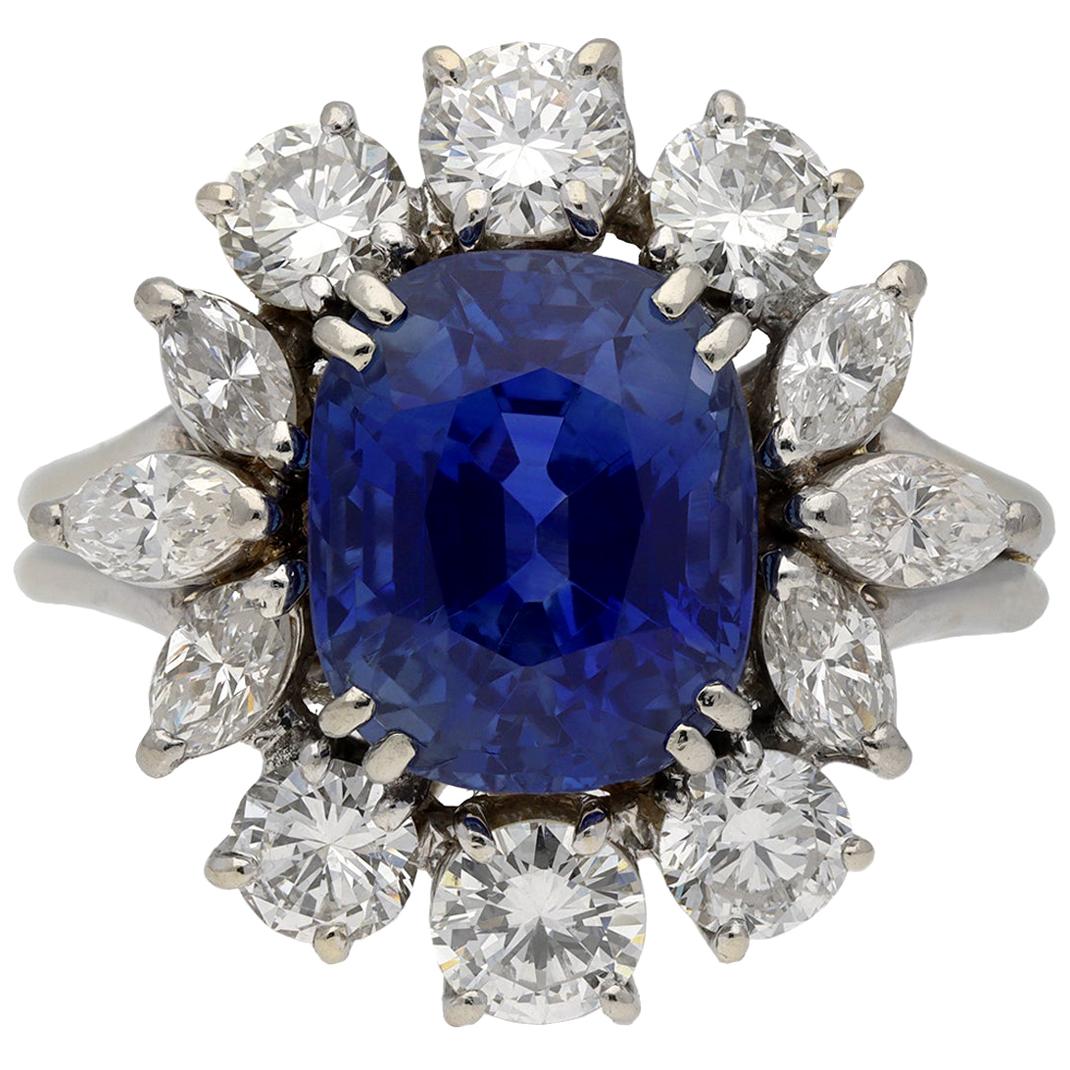 Natural Unenhanced Ceylon Sapphire and Diamond Cluster Ring, circa 1950 For Sale