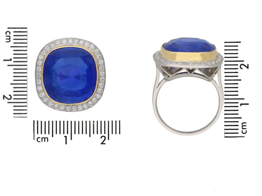 Cushion Cut Natural Unenhanced Ceylon Sapphire and Diamond Coronet Cluster Ring, circa 1935 For Sale