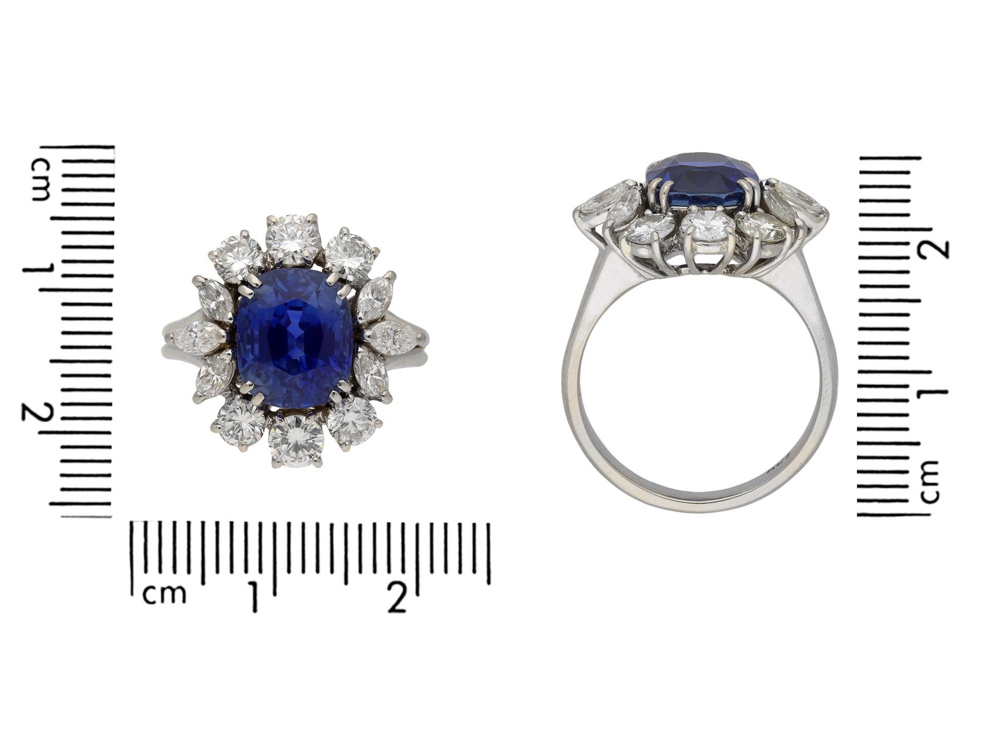 Women's or Men's Natural Unenhanced Ceylon Sapphire and Diamond Cluster Ring, circa 1950 For Sale