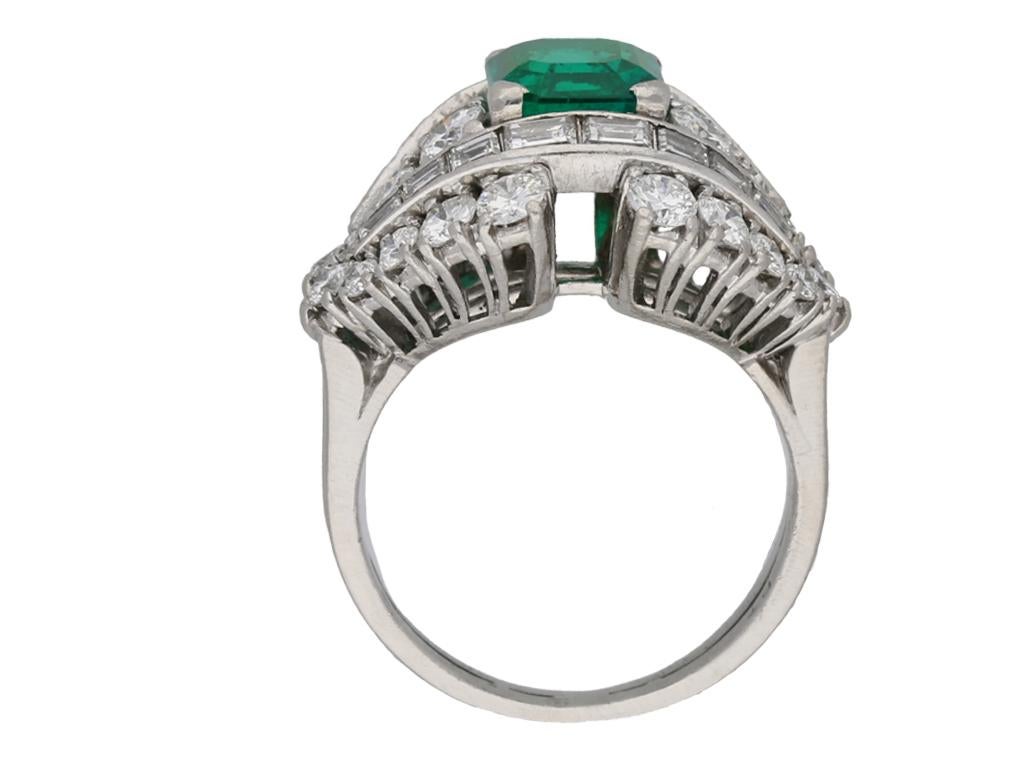 Emerald Cut Natural Unenhanced Colombian Emerald and Diamond Cluster Ring For Sale