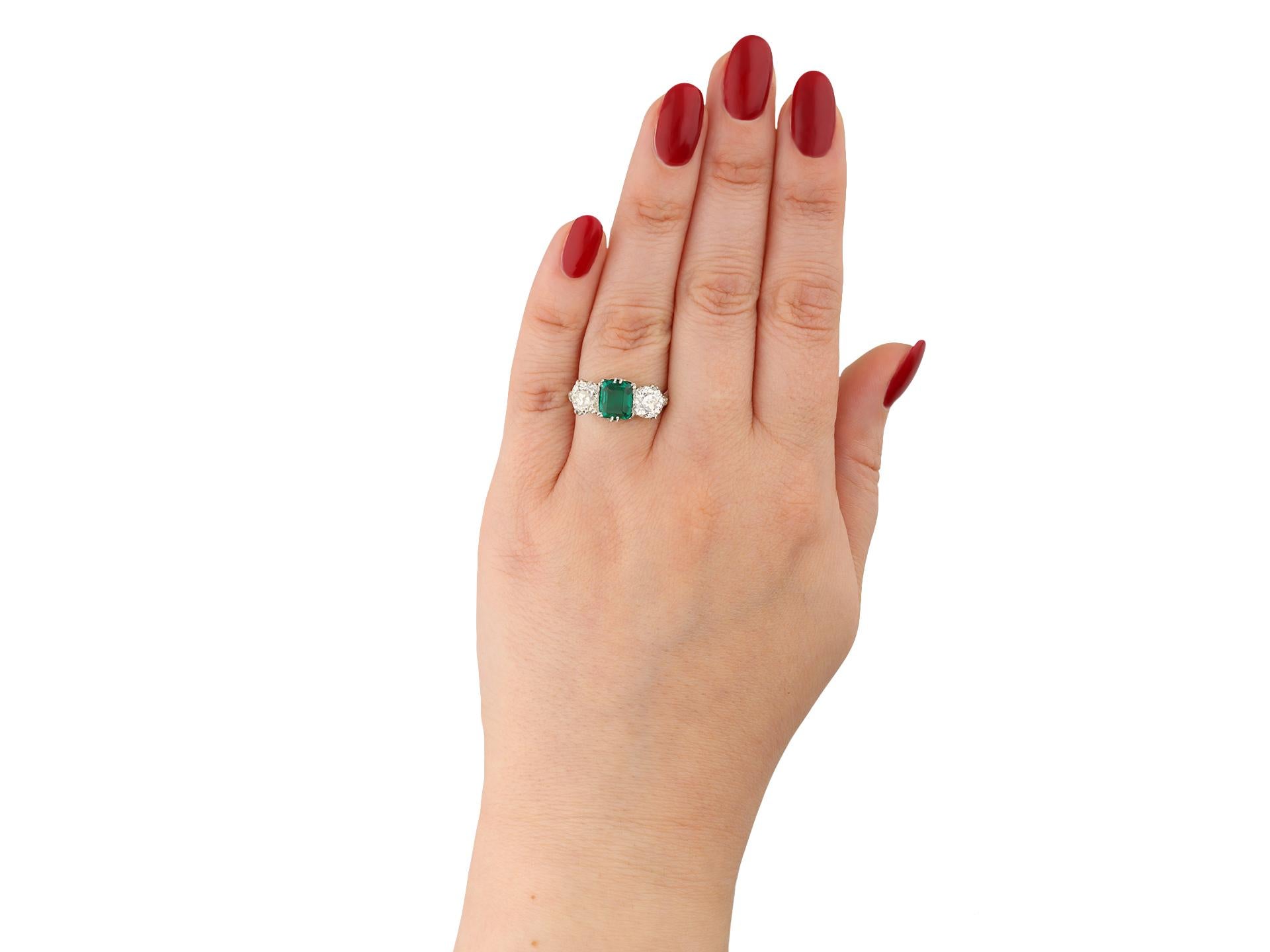 Emerald Cut Natural Unenhanced Colombian Emerald and Diamond Three-Stone Ring, circa 1910 For Sale