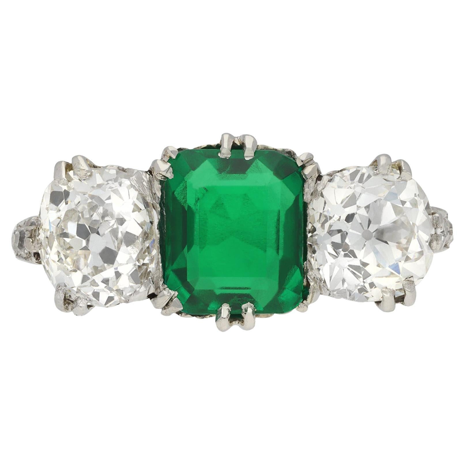 Natural Unenhanced Colombian Emerald and Diamond Three-Stone Ring, circa 1910 For Sale
