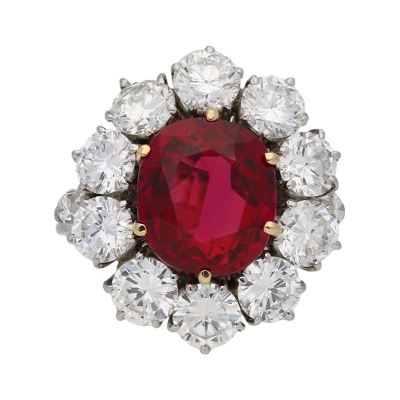 Natural Unenhanced Siam Ruby and Diamond Cluster Ring, circa 1960 For Sale