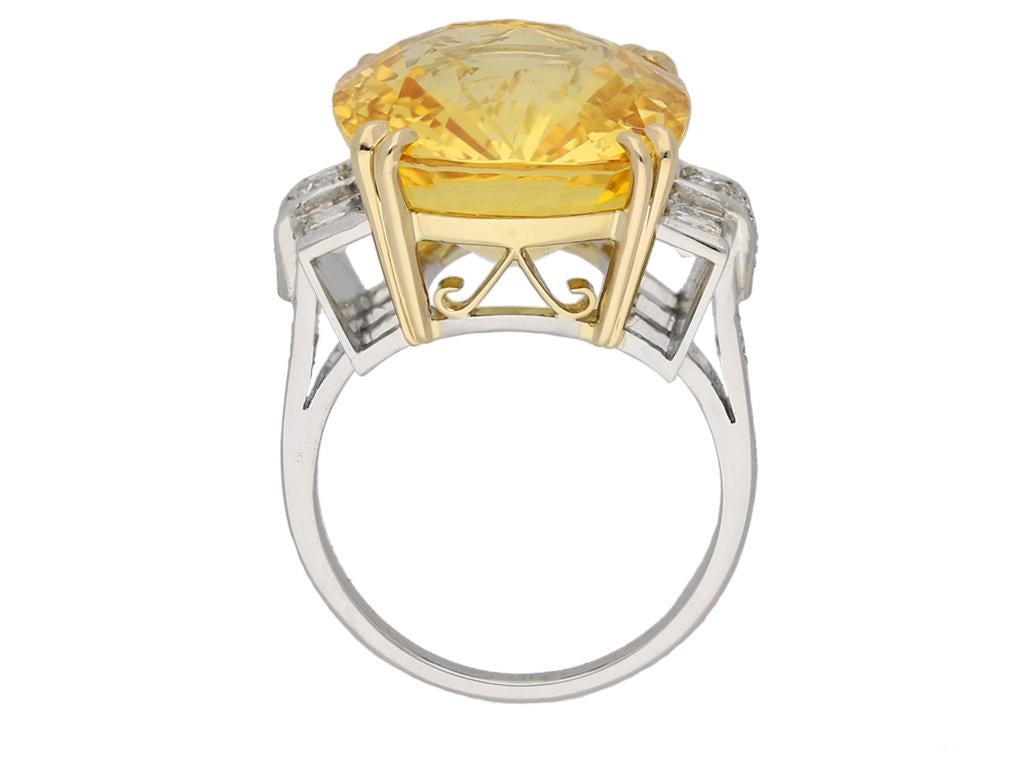 Old European Cut Natural Unenhanced Yellow Ceylon Sapphire and Diamond Ring, English, Circa 1950 For Sale