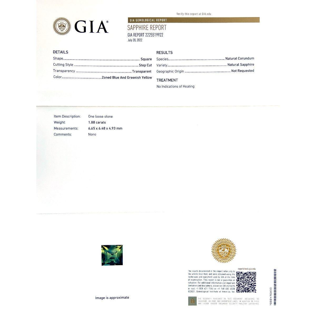 Natürlicher unerhitzter Bi-Color Saphir Edelstein 1.88 Karat mit GIA Bericht (Carréeschliff) im Angebot