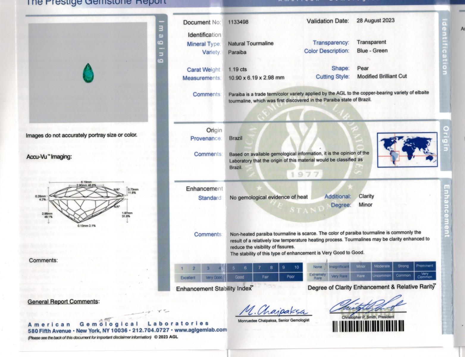 Taglio brillante Tormalina Paraiba brasiliana verde blu naturale non riscaldata 1,19 carati / Rapporto AGL in vendita