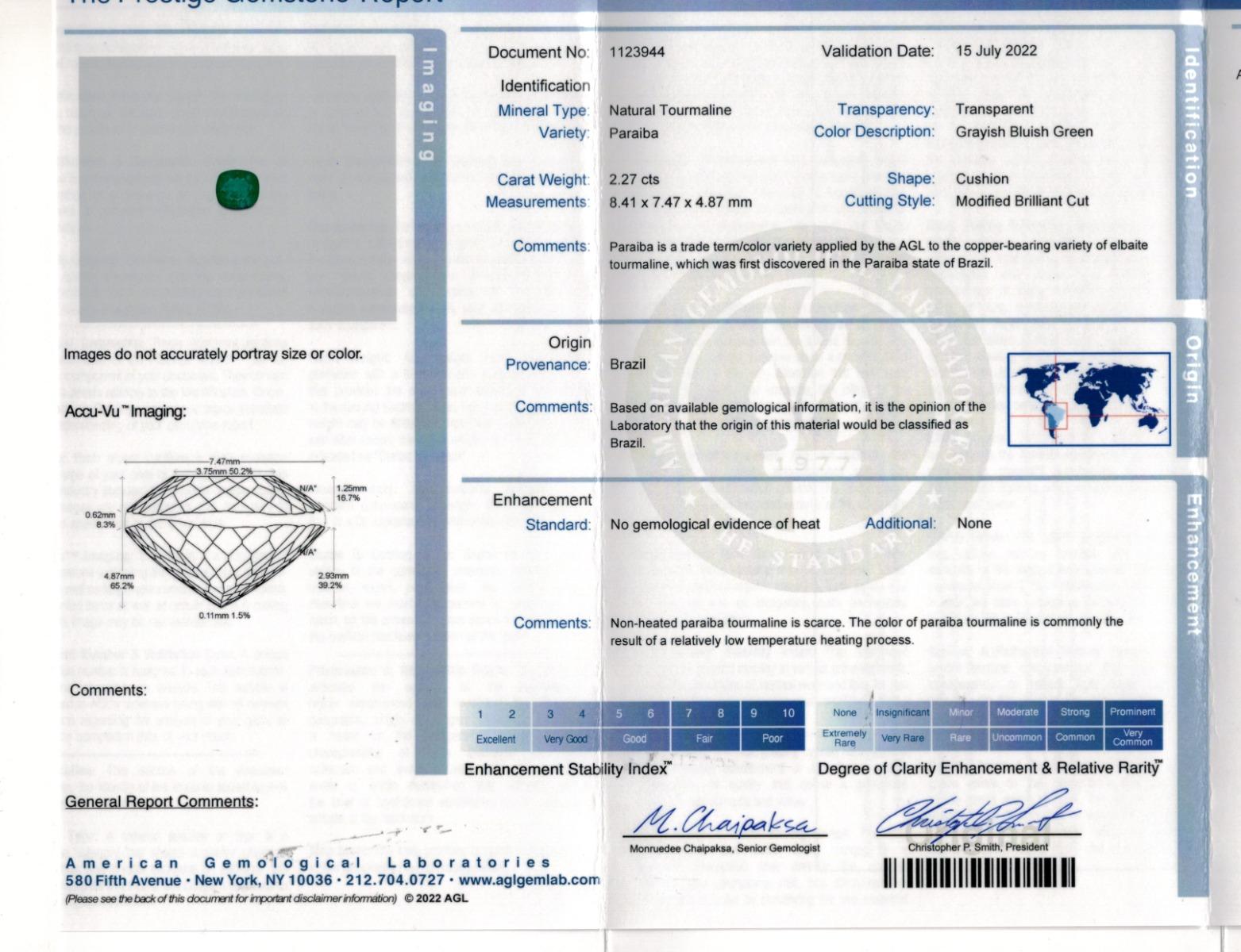 Brilliant Cut Natural Unheated Bluish Green Brazilian Paraiba Tourmaline 2.27 cts / AGL Report For Sale