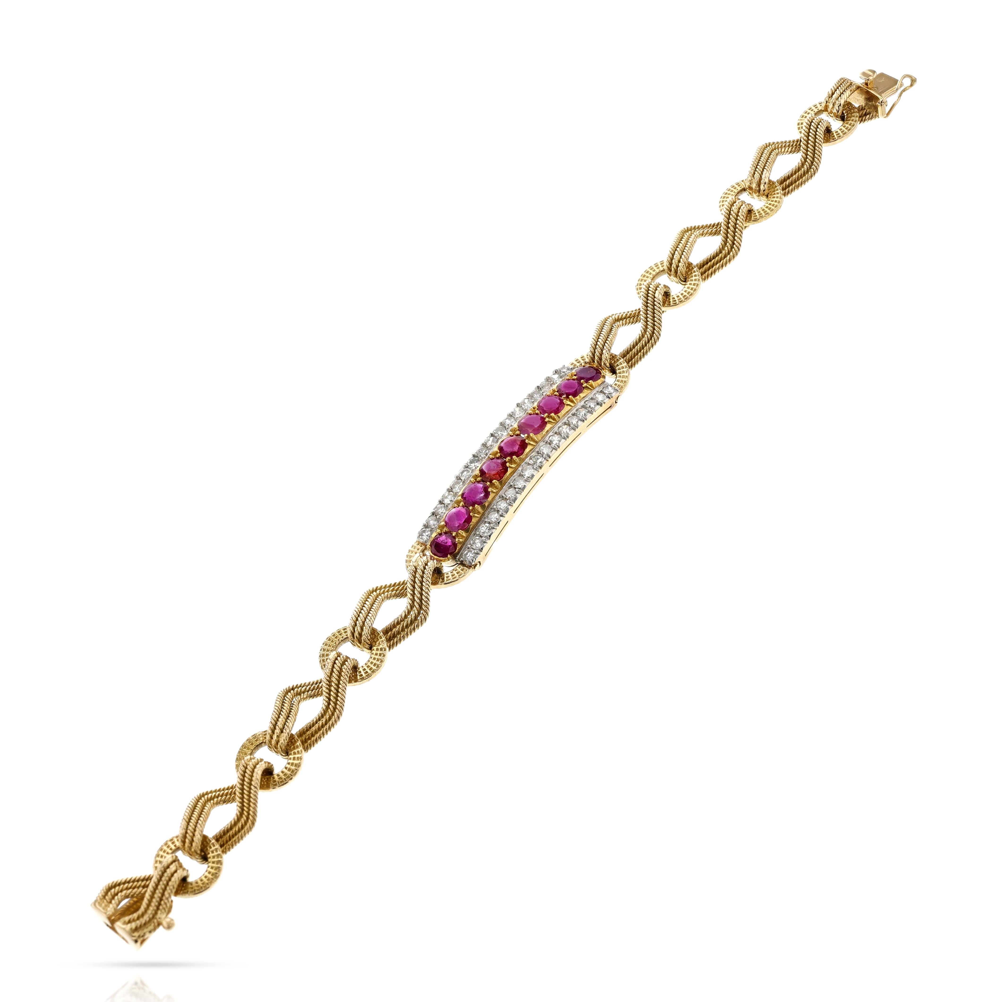 Rubí de Birmania natural sin calentar y diamante Pulsera de oro amarillo de 18 quilates Corte mixto en venta