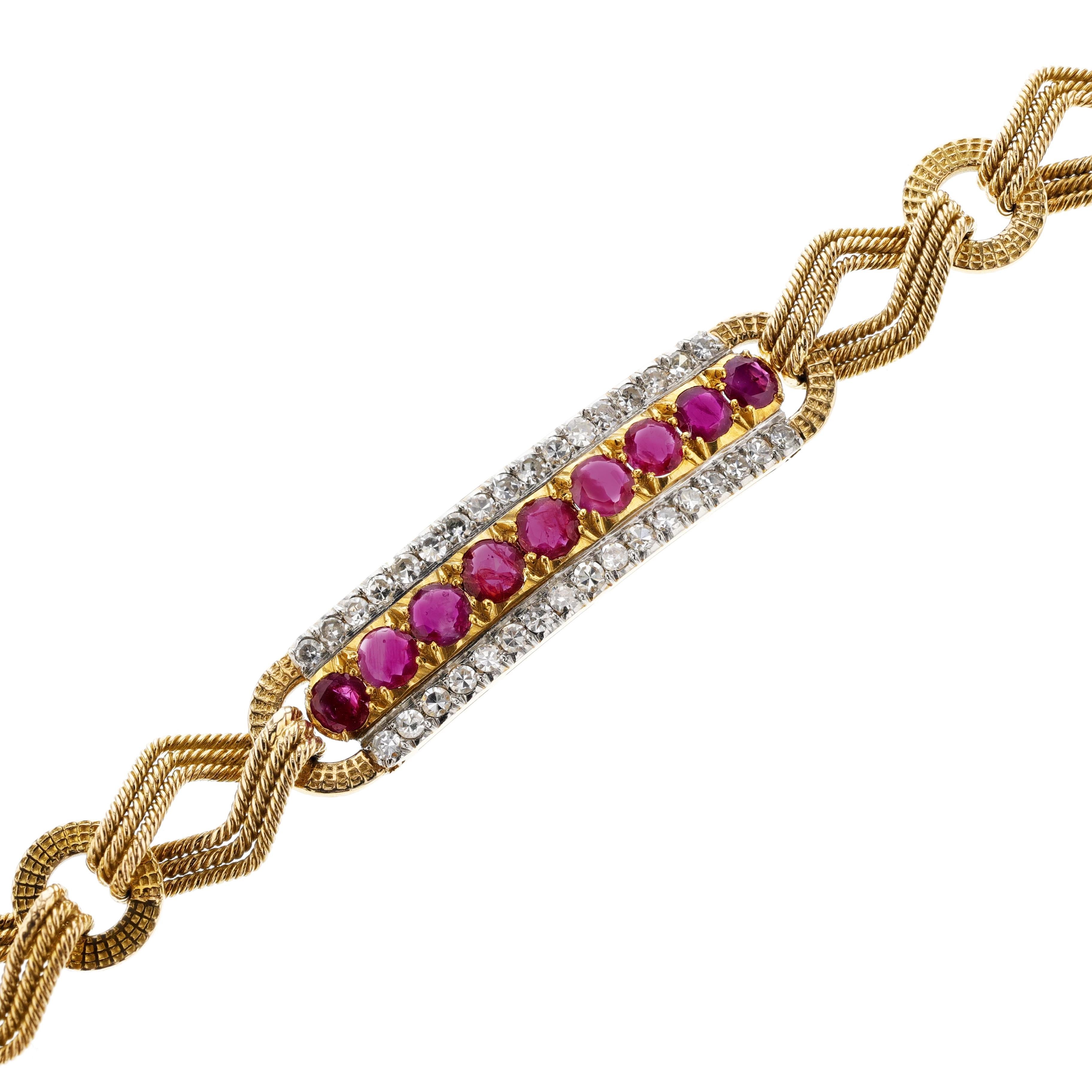 Rubí de Birmania natural sin calentar y diamante Pulsera de oro amarillo de 18 quilates en Excelente estado para la venta en New York, NY