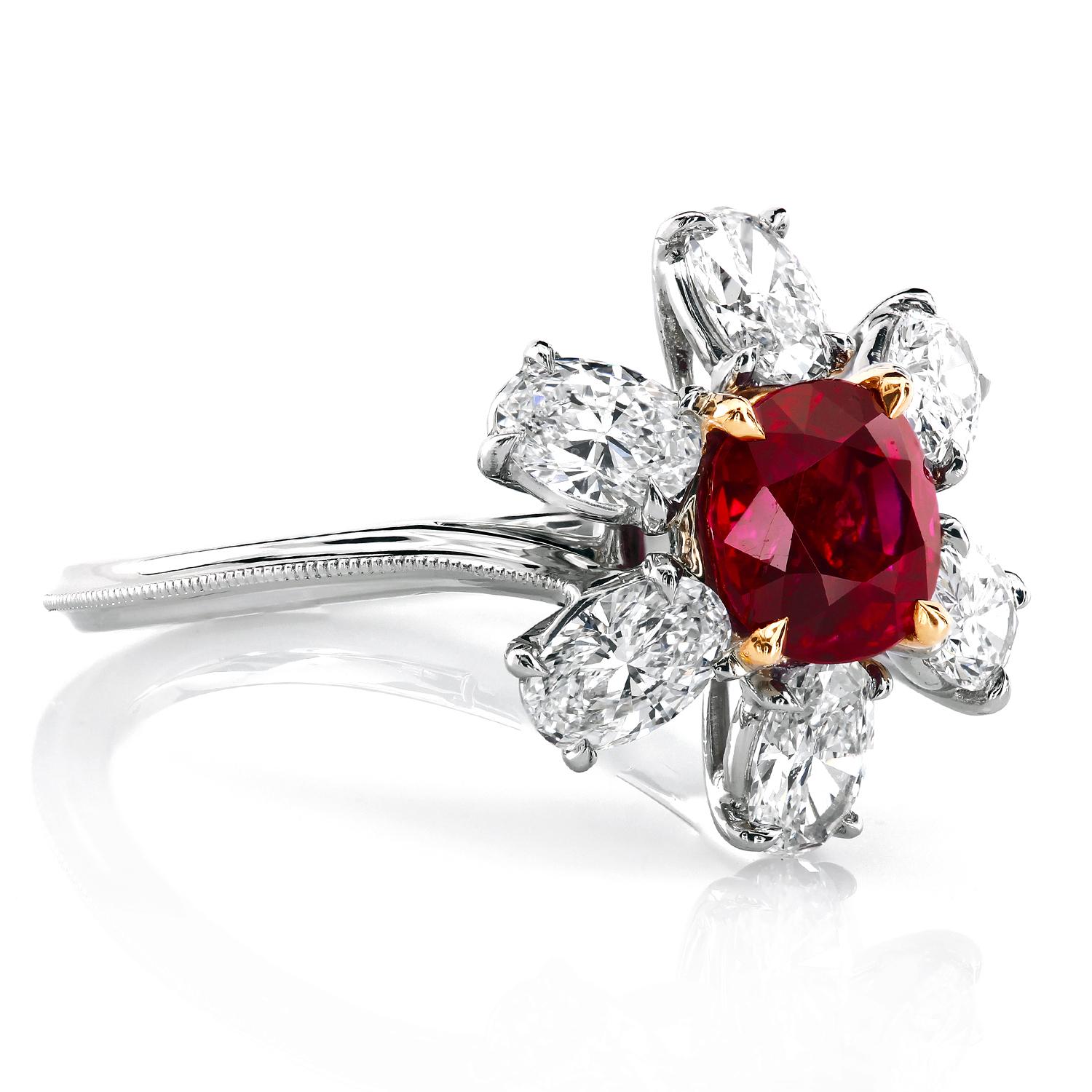 Round Cut Natural Unheated Burmese Ruby and Diamond Platinum Ring by Leon Mege