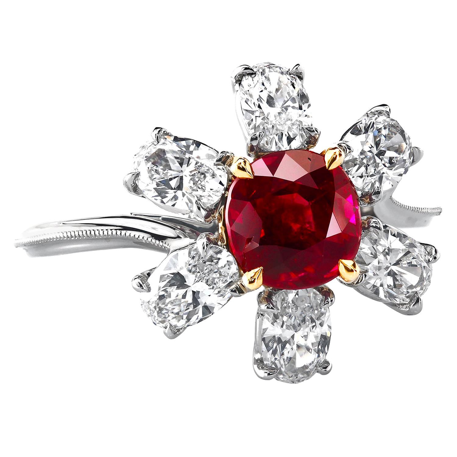 Natural Unheated Burmese Ruby and Diamond Platinum Ring by Leon Mege