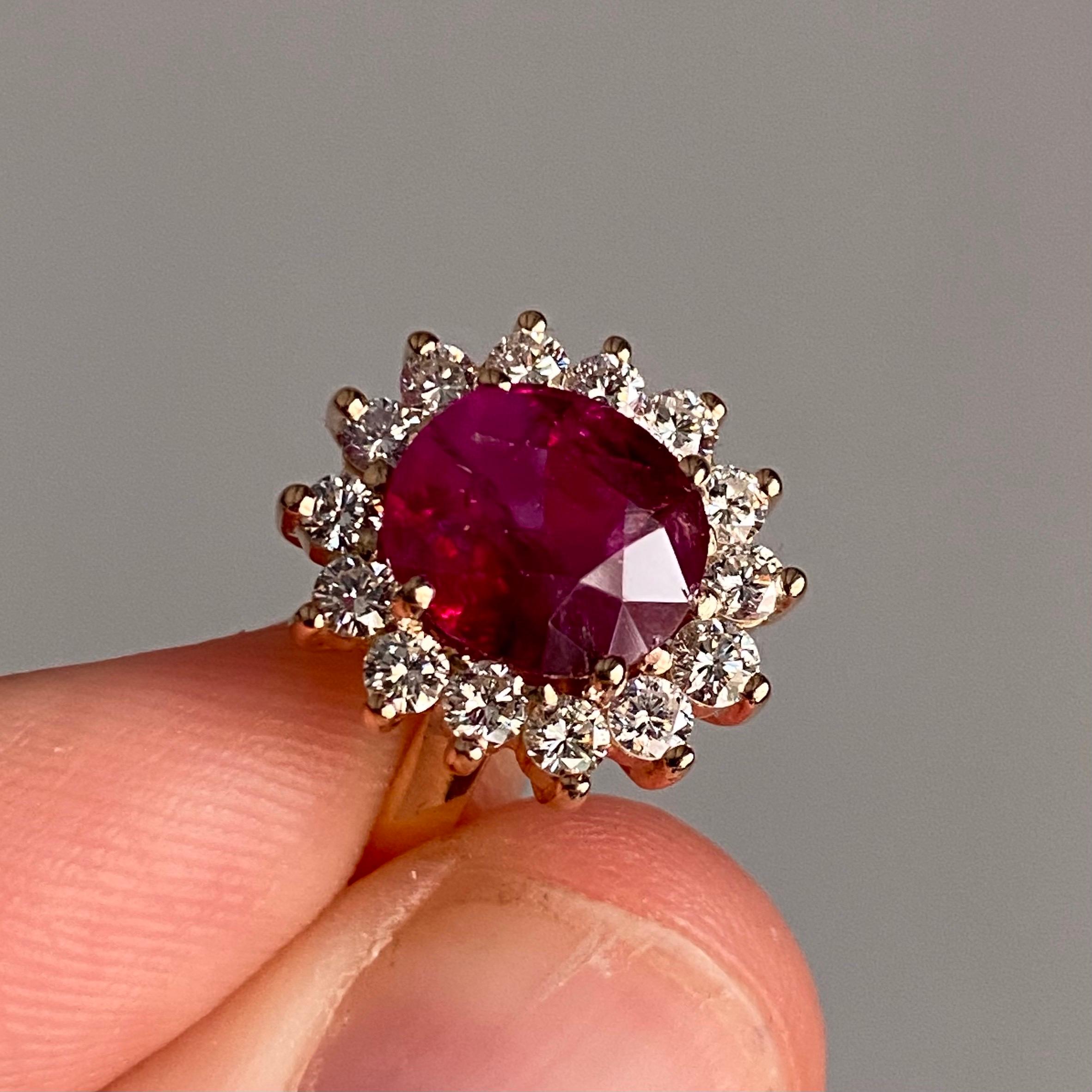 Natural Unheated Burmese Ruby Diamond Cluster Yellow Gold Modern Engagement Ring For Sale 6