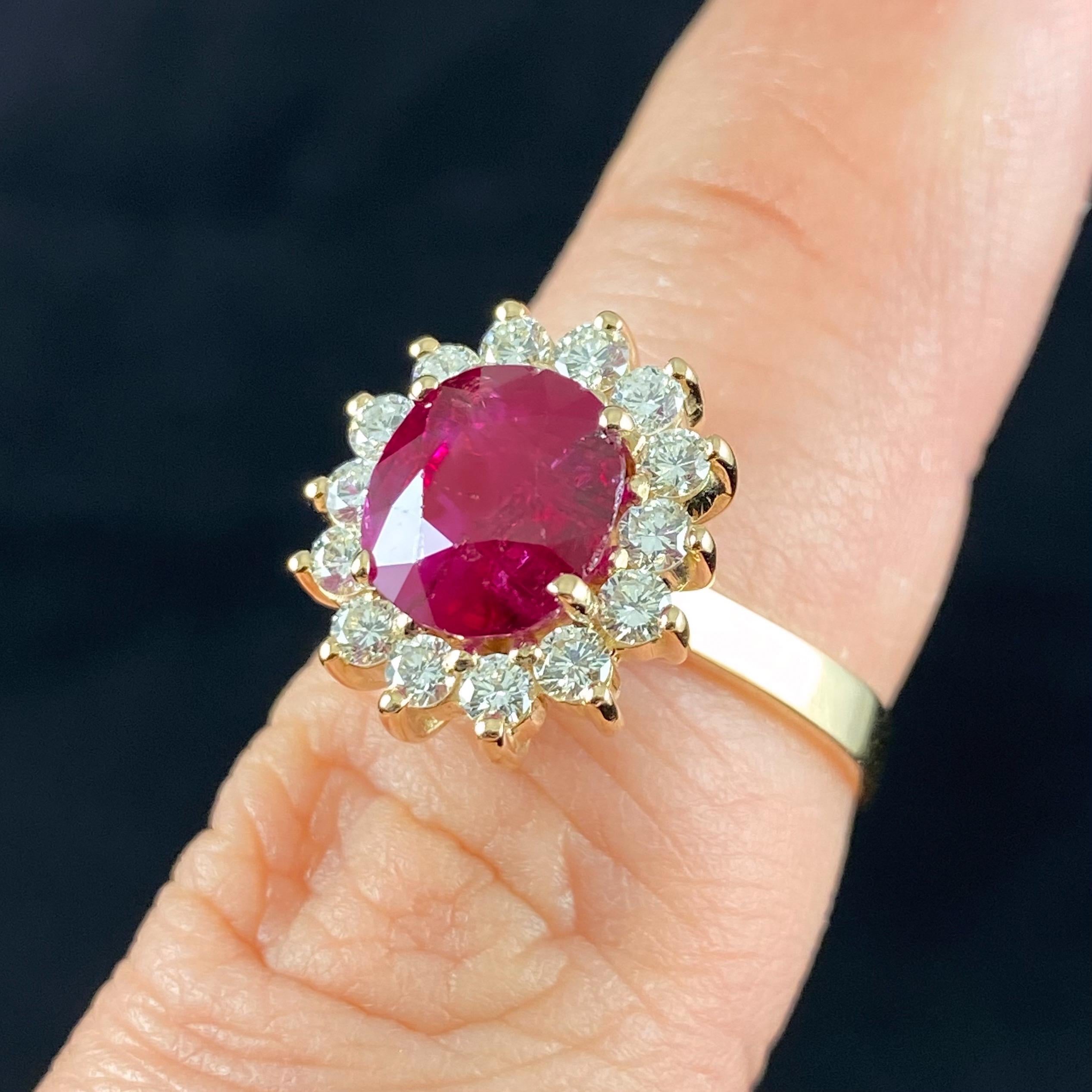 Natural Unheated Burmese Ruby Diamond Cluster Yellow Gold Modern Engagement Ring For Sale 7