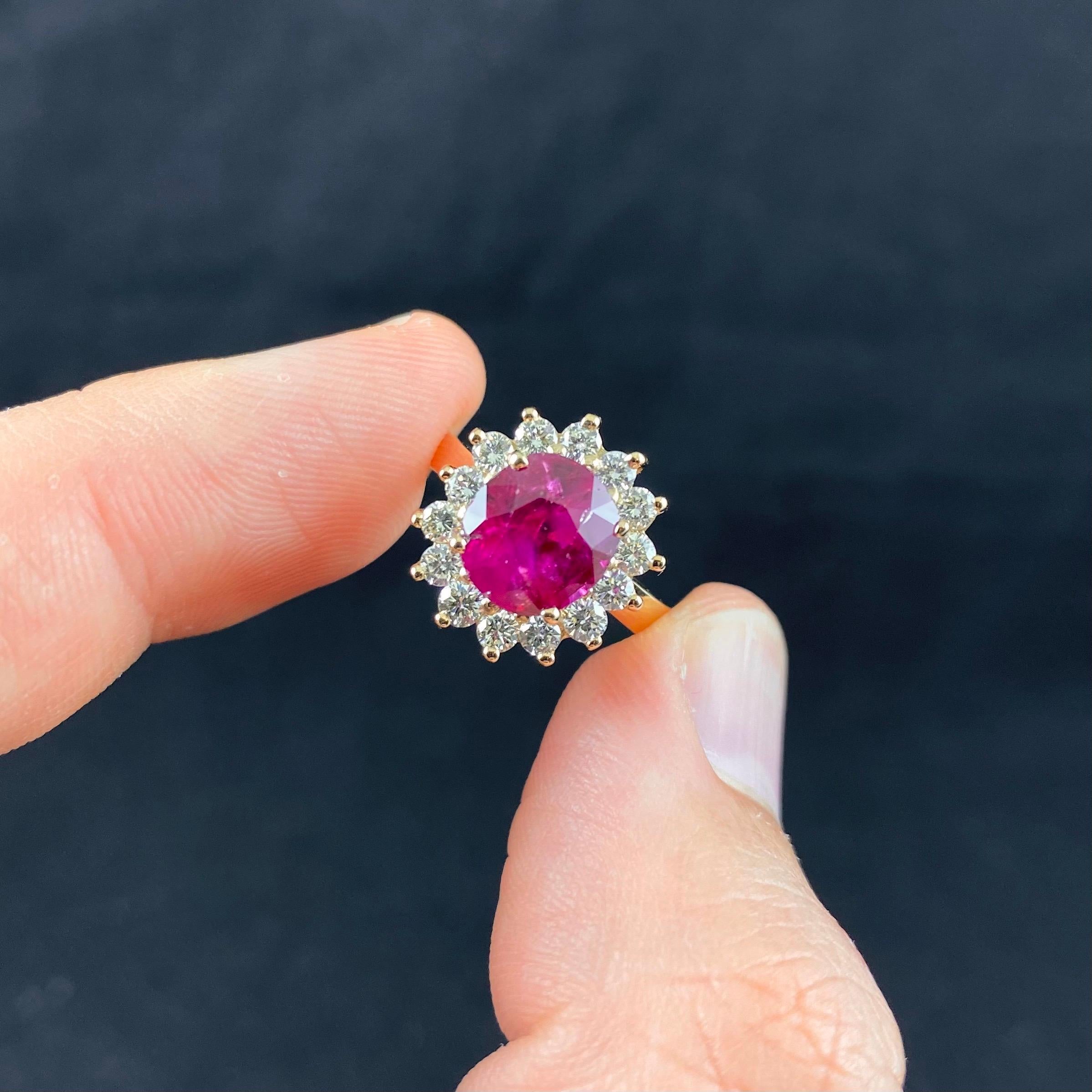 Natural Unheated Burmese Ruby Diamond Cluster Yellow Gold Modern Engagement Ring For Sale 9