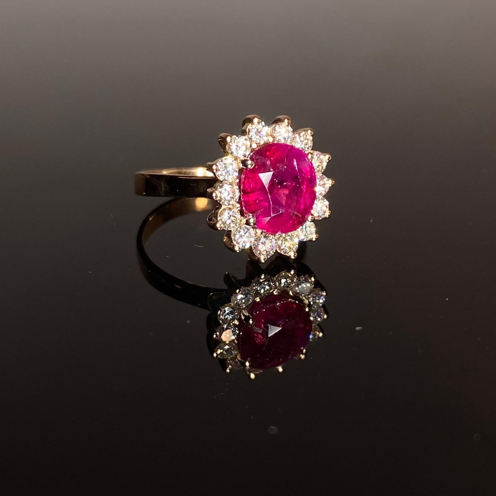 Natural Unheated Burmese Ruby Diamond Cluster Yellow Gold Modern Engagement Ring For Sale 12