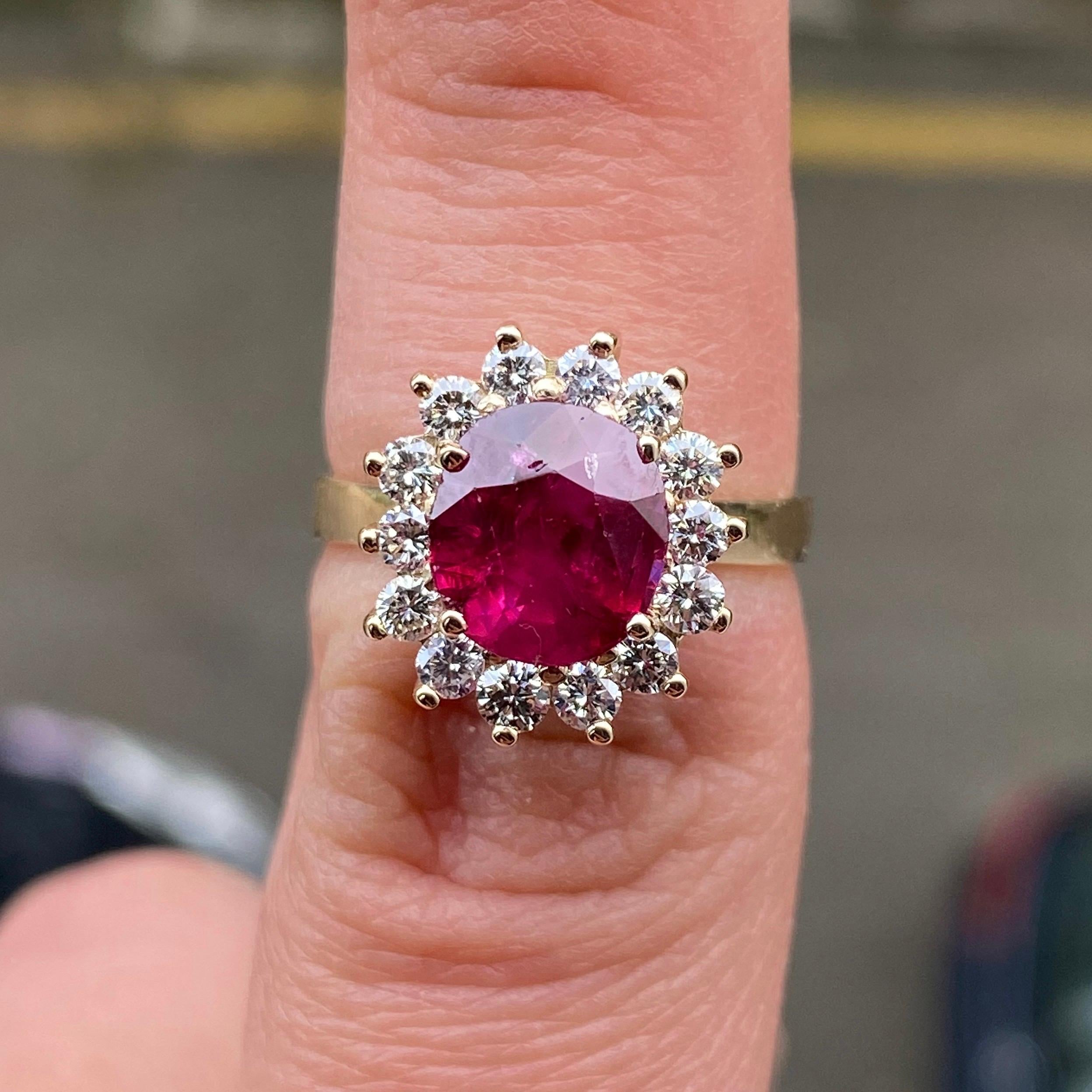 Oval Cut Natural Unheated Burmese Ruby Diamond Cluster Yellow Gold Modern Engagement Ring For Sale