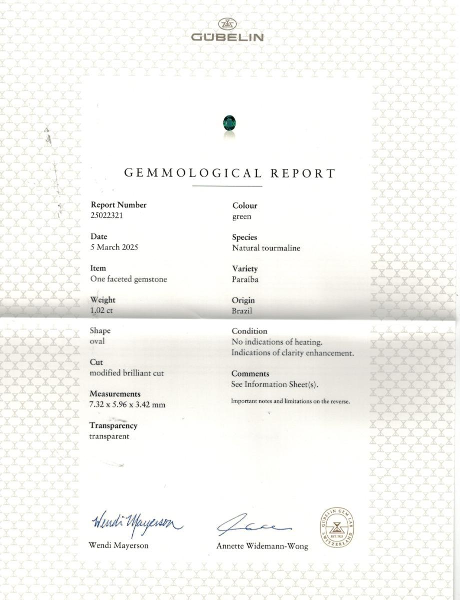 Brilliant Cut Natural Unheated Green Brazilian Paraiba Tourmaline 1.02 carats / GUBELIN Report For Sale