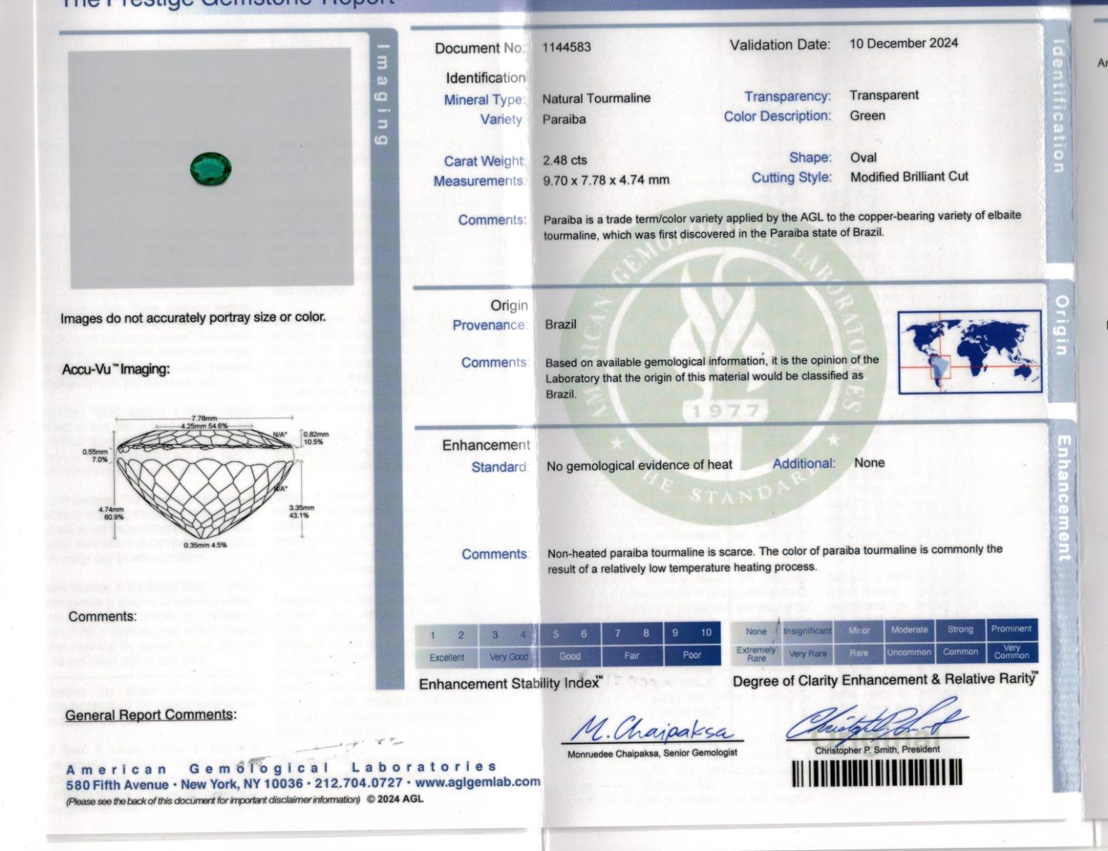 Brilliant Cut Natural Unheated Green Brazilian Paraiba Tourmaline Stone 2.48 carats/AGL Report For Sale
