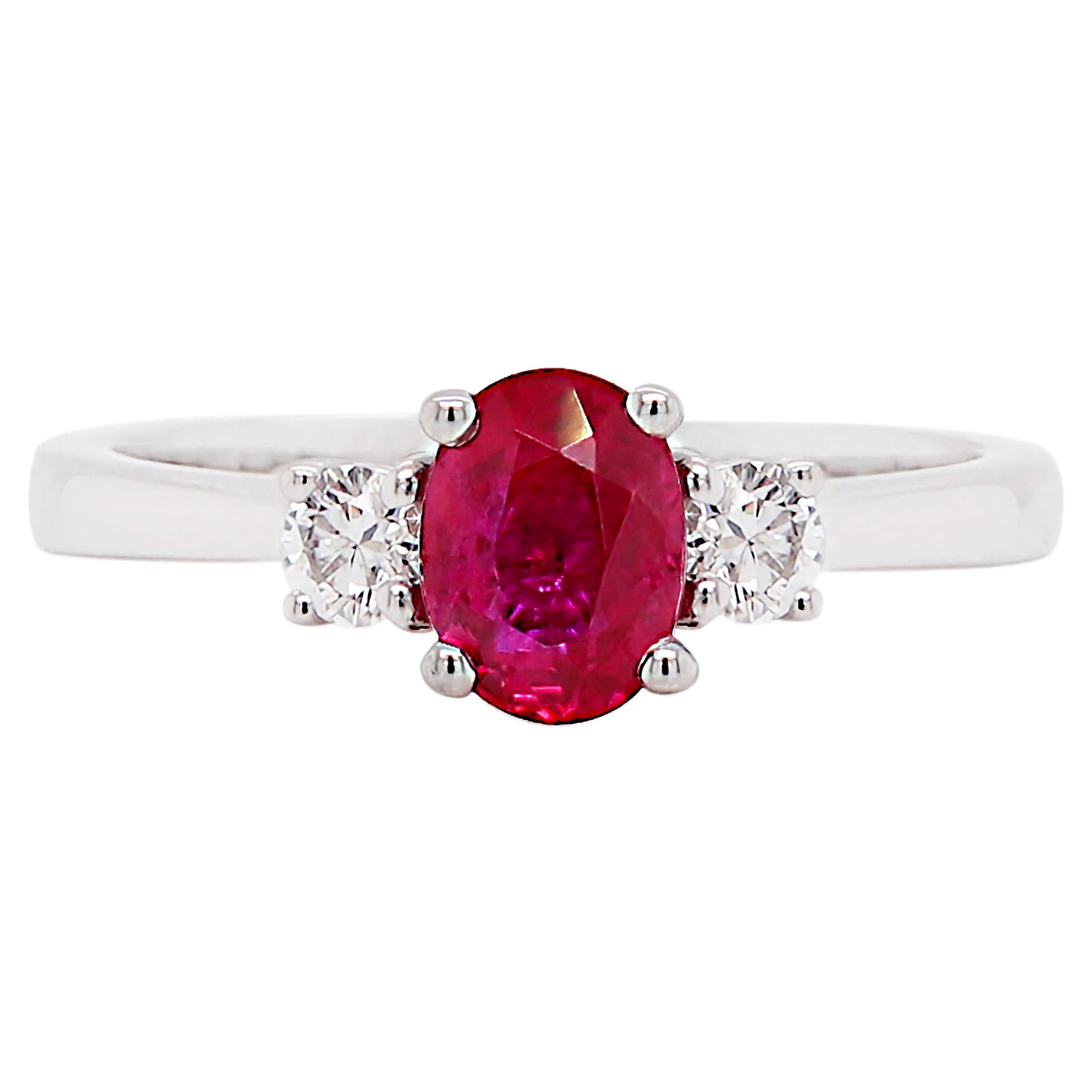 Natural Unheated Oval Ruby and Diamond 18 Carat Gold Three-Stone Engagement Ring