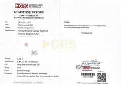 Natural Unheated Padparadscha Sapphire Gemstone 2.52 carats with GRS Report