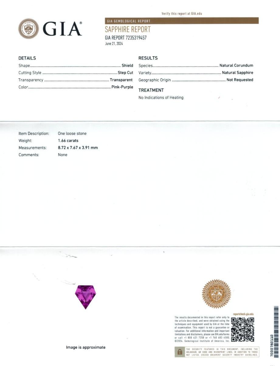 Zafiro rosa púrpura natural sin calentar Gema de 1,66 quilates con informe GIA Corte de escudo en venta