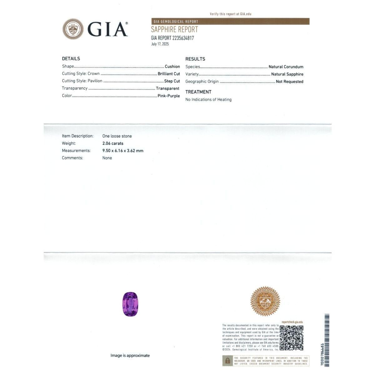 Taglio misto Natural Unheated Pink-Purple Sapphire Gemstone 2.06 carats with GIA Report in vendita