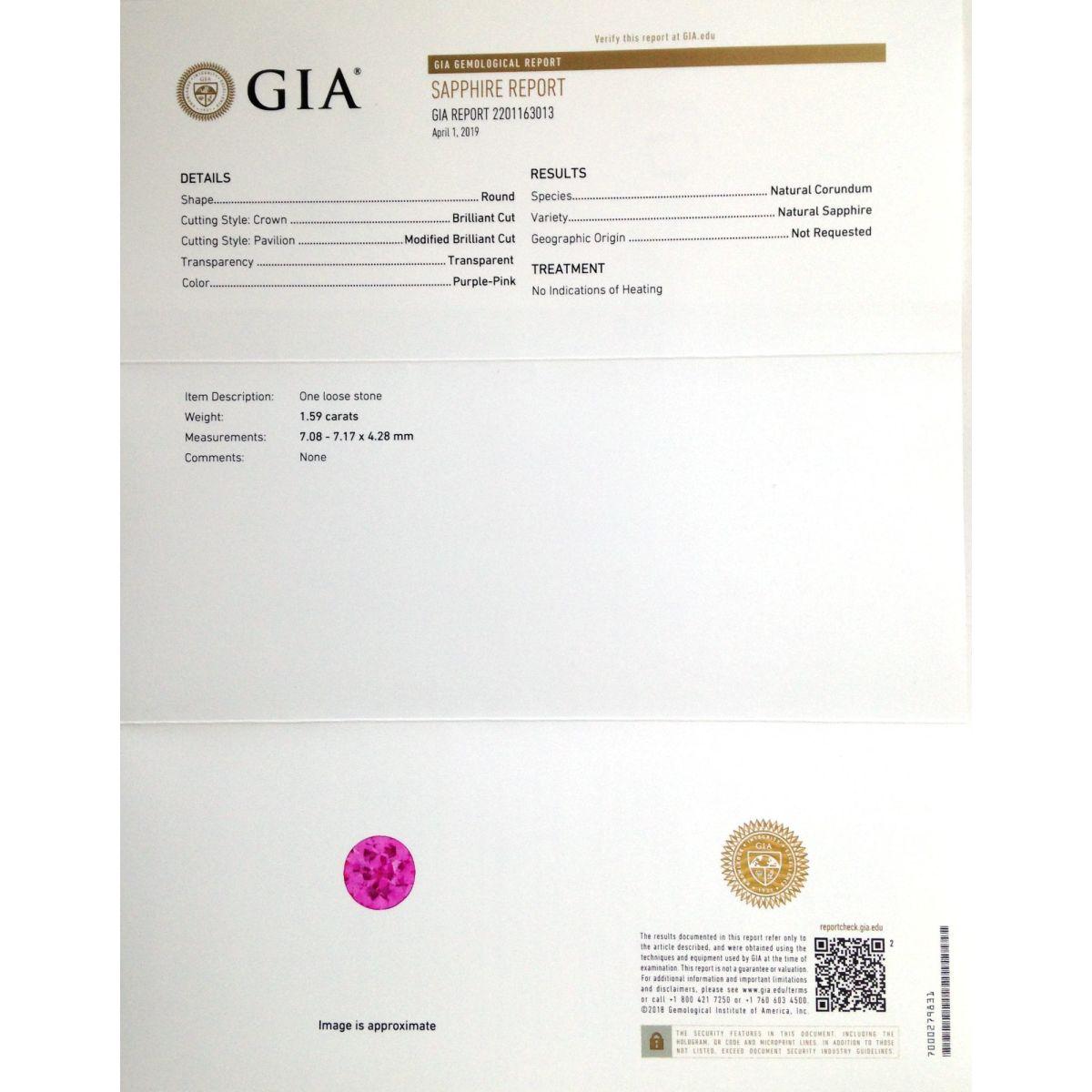 Taille brillant Saphir rose naturel non chauffé de 1.59 carats avec rapport GIA en vente