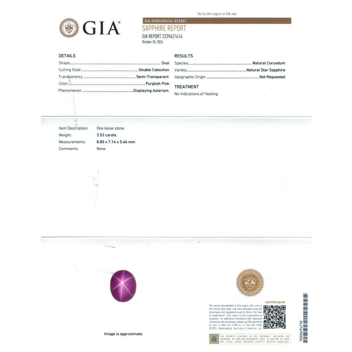 Taille cabochon Saphir étoilé rose naturel non chauffé 3,53 carats avec rapport GIA en vente