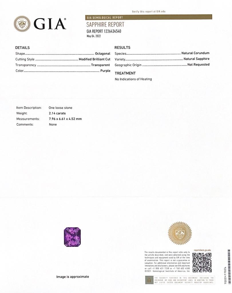 Natürlicher unerhitzter lila Saphir Stein 2.14 Karat mit GIA-Bericht / JupiterGem (Brillantschliff)