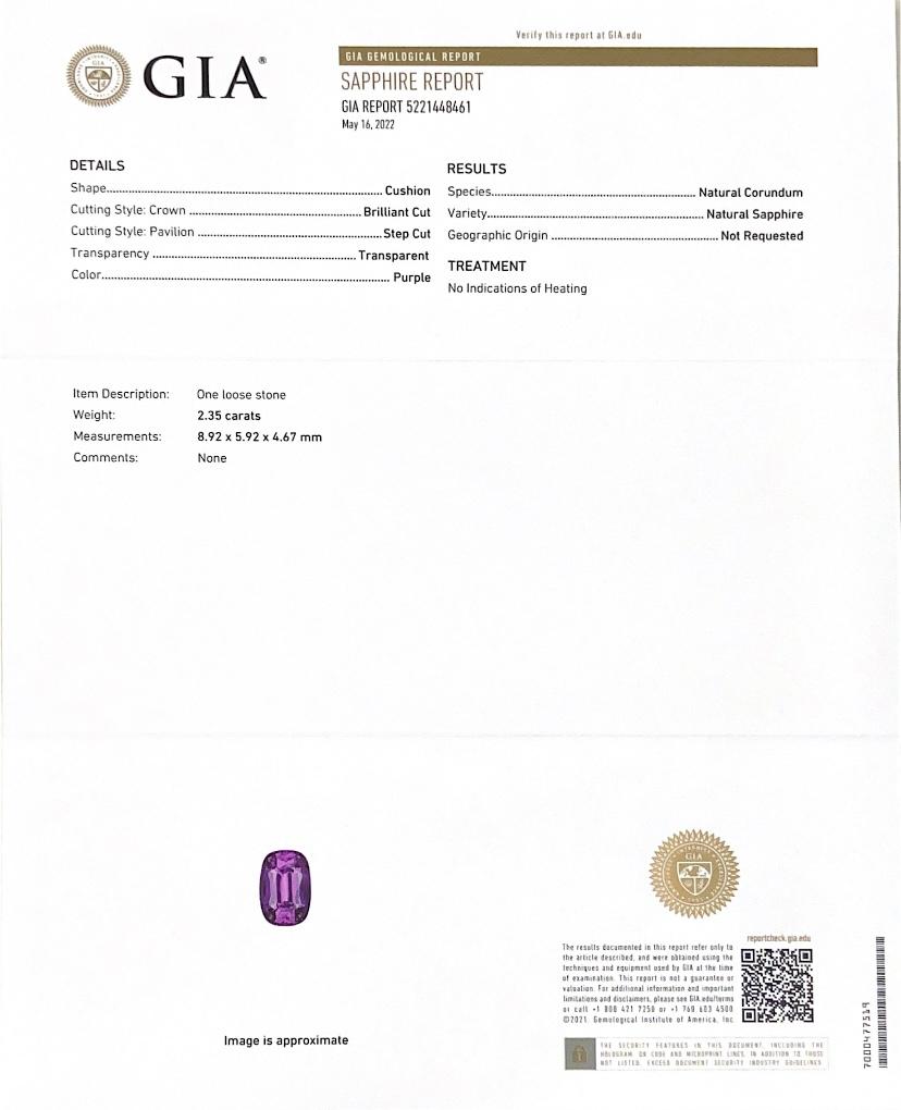 Natürlicher unerhitzter lila Saphir Stein 2.35 Karat mit GIA-Bericht / JupiterGem (Gemischter Schliff)