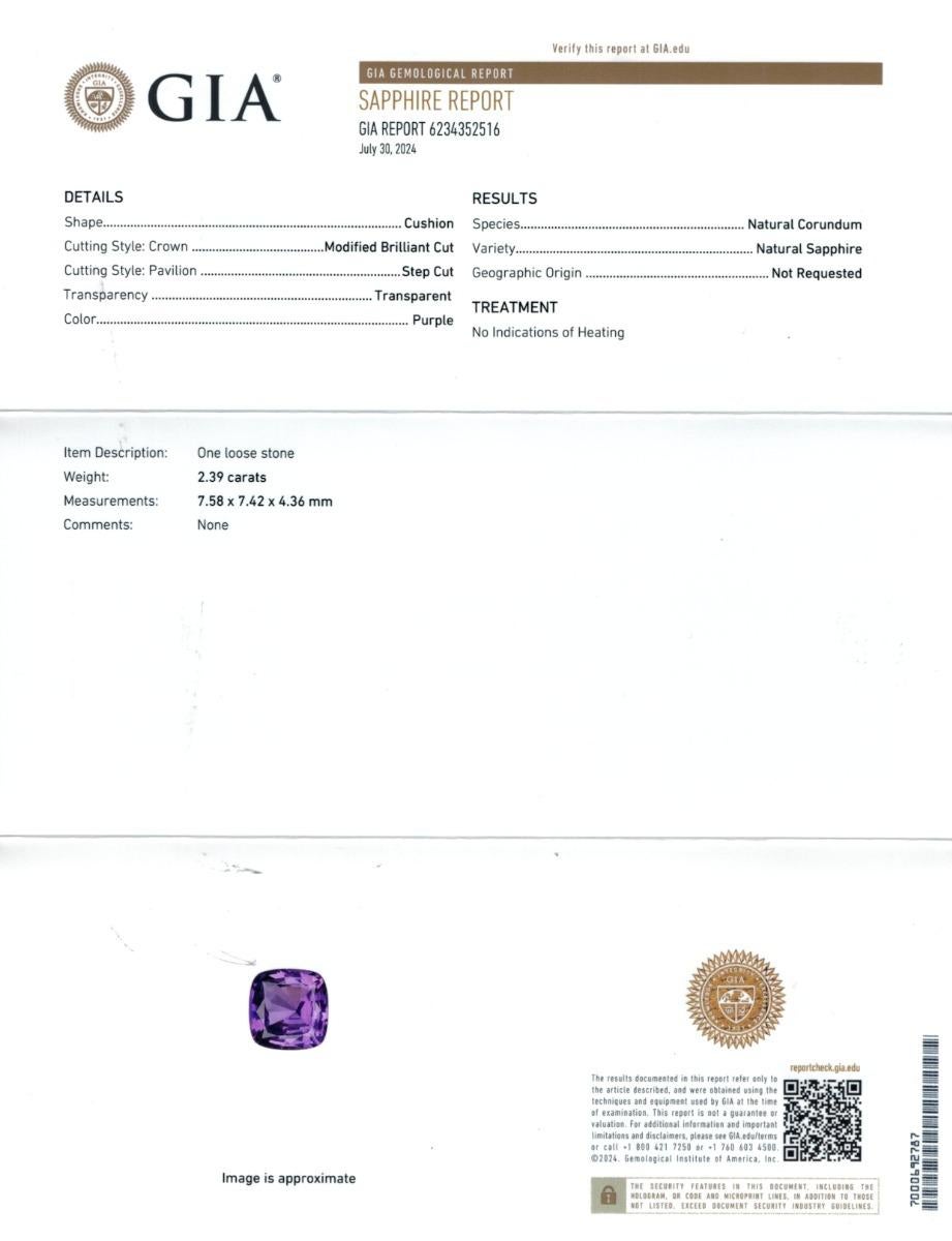 Natürlicher unerhitzter lila Saphir Stein 2,39 Karat mit GIA-Bericht / JupiterGem (Gemischter Schliff) im Angebot