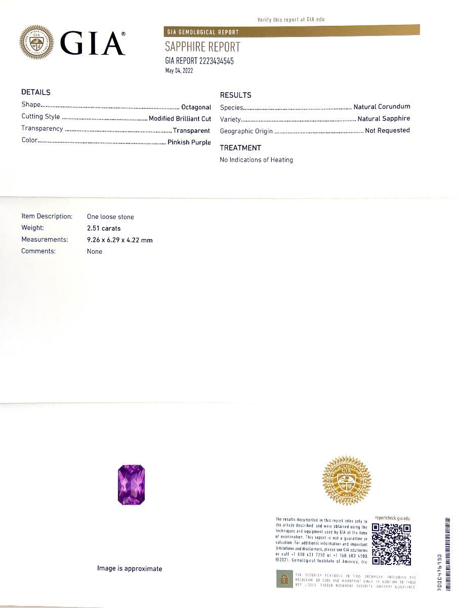 Natürlicher unerhitzter lila Saphir Stein 2.51 Karat mit GIA-Bericht / JupiterGem (Brillantschliff)