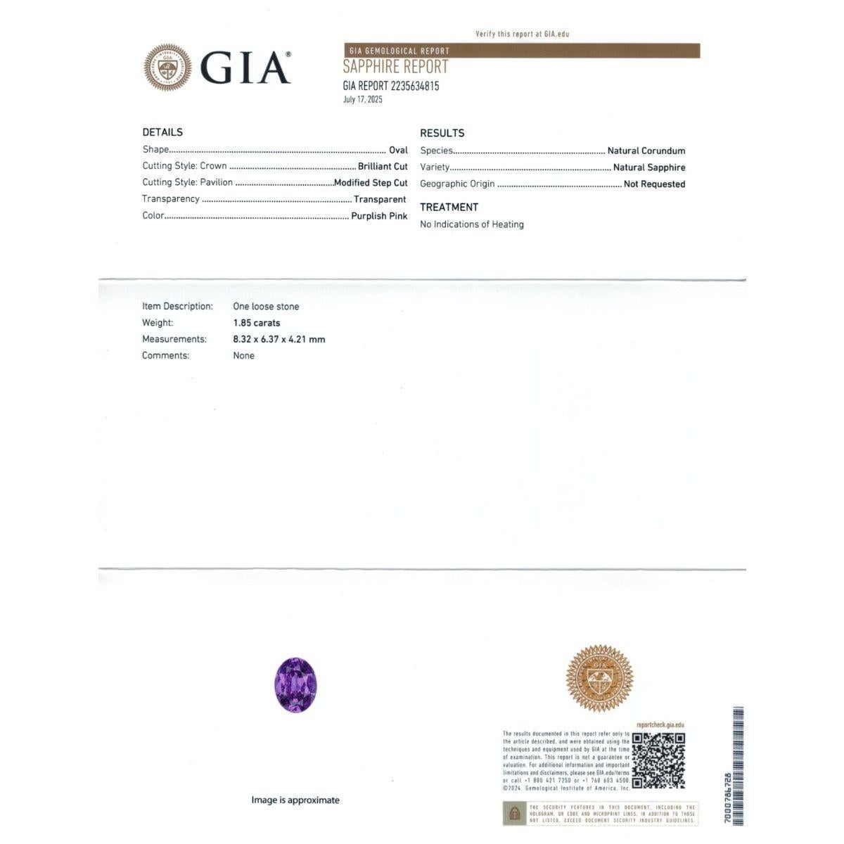 Taglio misto Natural Unheated Purplish Pink Sapphire Gemstone 1.85 carats with GIA Report in vendita
