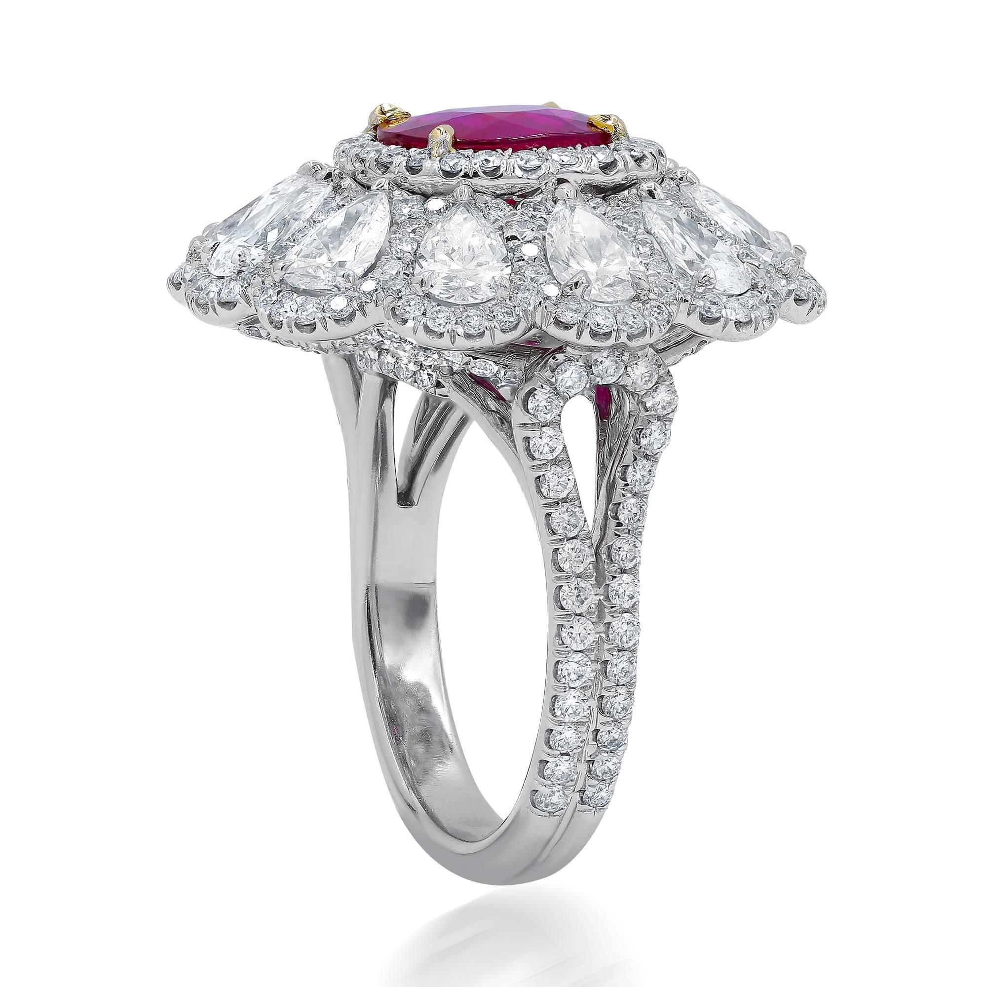 Natural Unheated Ruby and Diamond Ring, Certified by GRS Laboratory, features 3.00 Carat Cushion Shape, No Heat Ruby, intense red color, surrounded by 12 Pear Shaped diamonds totaling 4.20 Carats. 

Metal: Platinum
Center Stone: 3.00 Carat Ruby, NO
