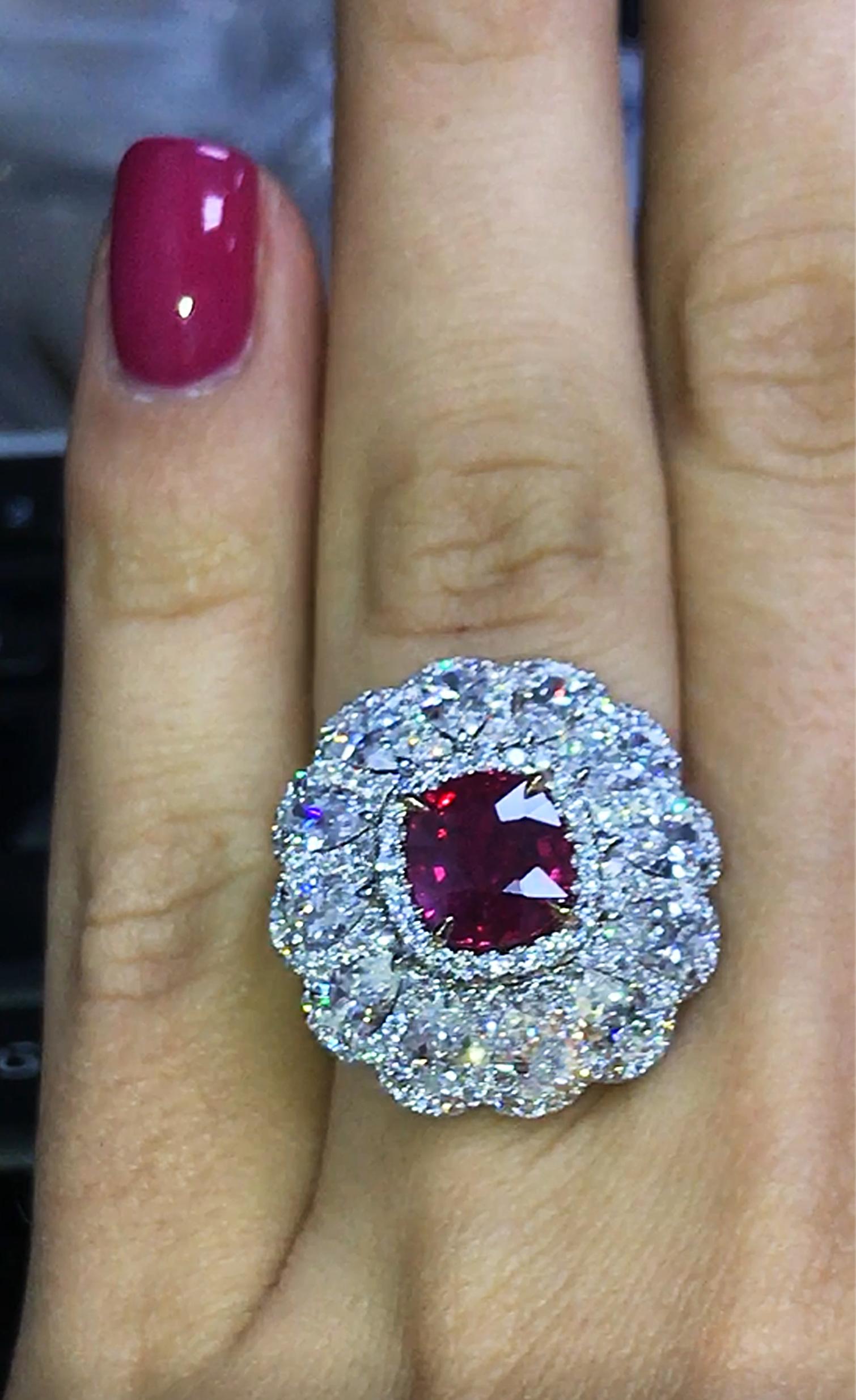 Cushion Cut Natural Unheated Ruby and Diamond Ring For Sale