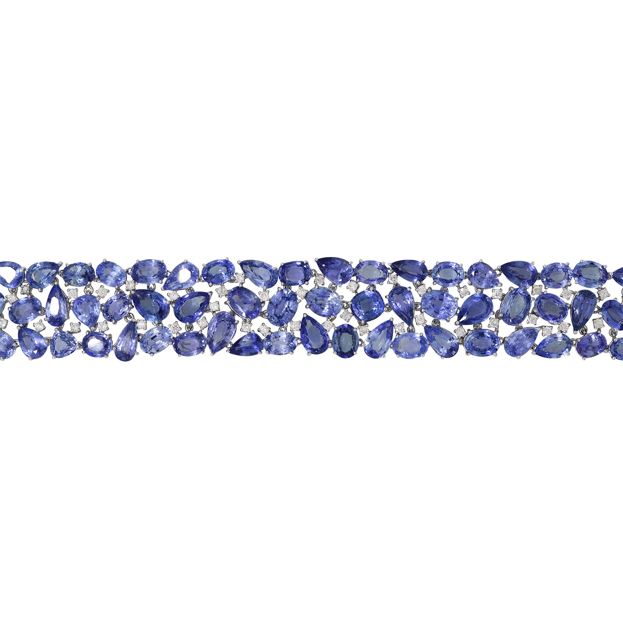 Taglio rotondo Bracciale a 3 file di zaffiri e diamanti naturali non riscaldati da 18 carati In magazzino in vendita