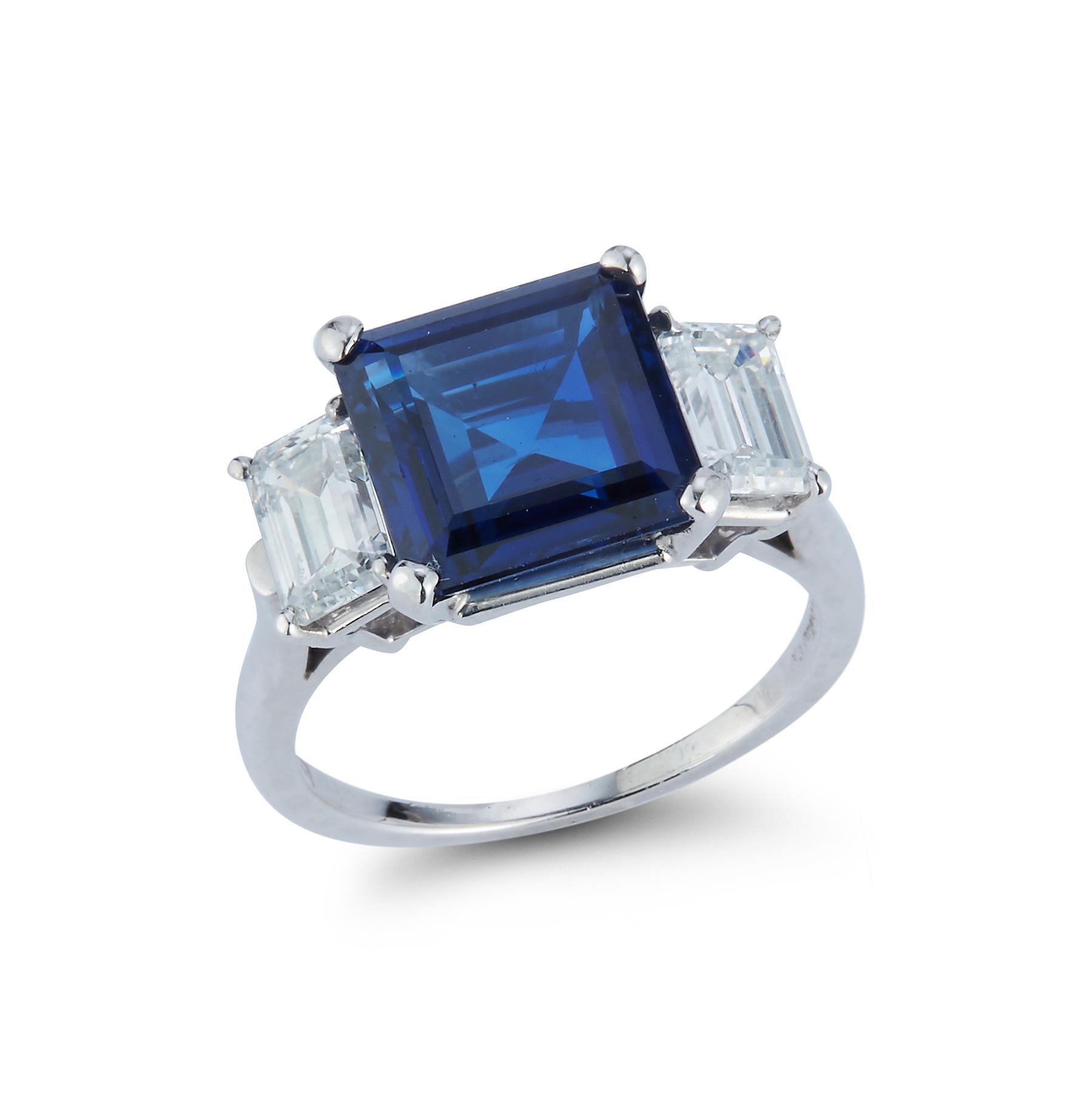 Natural Unheated Sapphire Diamond Cocktail Ring

Emerald Cut Sapphire is 4.61 cts with Baguette Cut Diamonds approximately 1.2 carats

Certified by AGL laboratory

Ring Size: 5

Resizable Free of Charge

Gold Type: Platinum