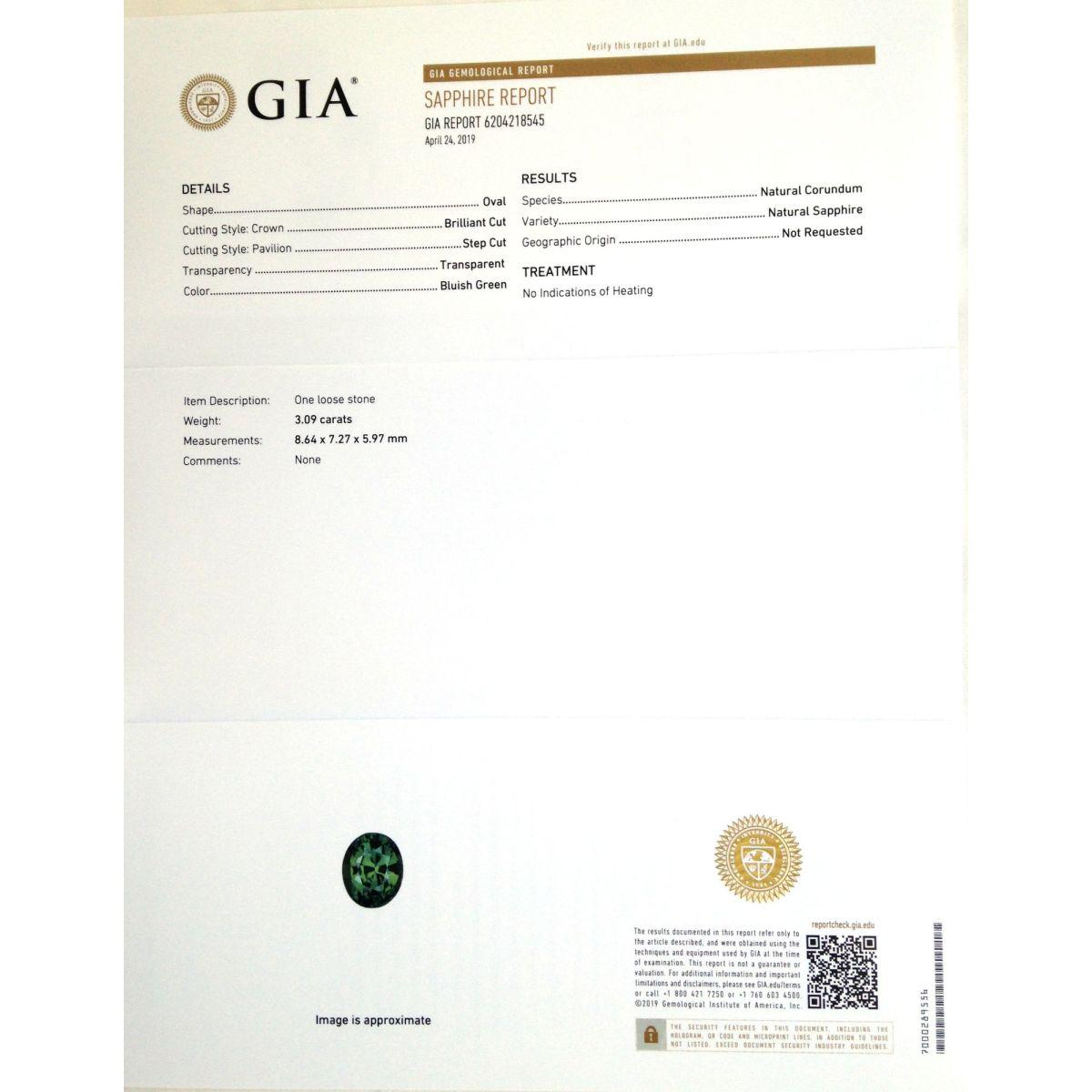 Natural Unheated Teal Bluish Green Sapphire oval shape 3.09 carats w GIA Report (Gemischter Schliff) im Angebot