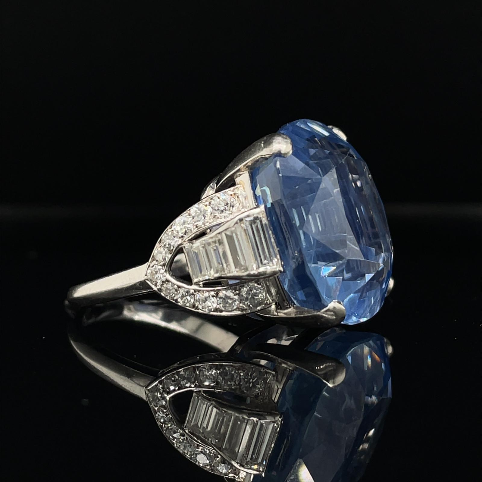 Cushion Cut Natural Untreated 31.74 Carat Sapphire and Diamond Ring in Platinum, Circa 1950 For Sale