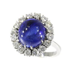 Natural Untreated 7.11 Carat Sapphire and Diamond 18 Karat Gold Cabochon Ring